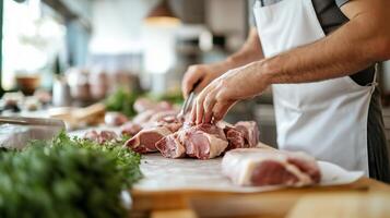 Chef preparing fresh cuts of meat in a modern kitchen during a culinary class in the afternoon photo