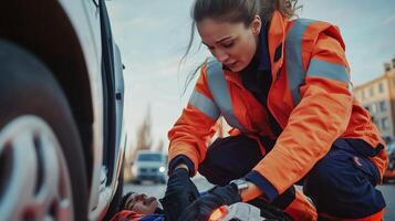 Emergency responder provides care at accident scene in urban area during late afternoon photo