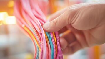 Colorful cables being handled in a workshop during daylight hours photo