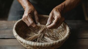 Hands skillfully weaving natural fibers into a basket in a rustic workshop during daylight hours photo