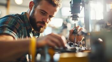 Skilled technician working diligently on machinery at a workshop in the afternoon light photo