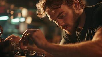 Young man working intently on electronics in a workshop during late evening hours photo