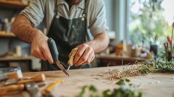 Artisan craftsman shaping wood and natural materials in a rustic workshop during daylight hours photo