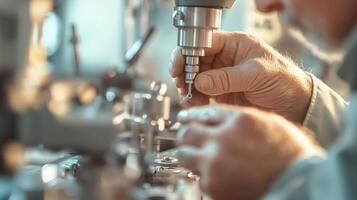 Precision machining process at a workshop with skilled technician creating intricate components photo