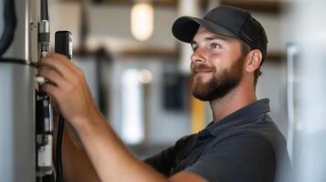 Technician installs equipment in modern facility while maintaining a positive demeanor and attentive focus during work photo