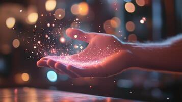 Magic sparkles emanate from an open hand captured in a dimly lit atmosphere with bokeh background lights photo