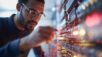 Technician working on server rack in data center during business hours photo