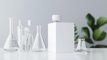 Clear glass laboratory equipment arranged on a white table with a minimalistic bottle and foliage in the background photo
