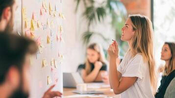 Creative brainstorming session in a modern workspace with diverse participants engaging with ideas on sticky notes photo