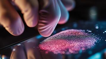 Close-up of a gloved hand capturing a fingerprint on a touchscreen device in a well-lit laboratory workspace photo