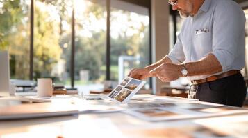 Man reviewing print designs in a modern workspace with natural light in the late afternoon photo