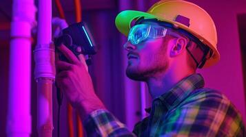 Skilled electrician working on wiring in industrial setting at night with colorful lighting photo