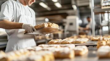 Baker placing freshly baked pastries on cooling trays in a busy bakery during daytime photo