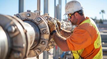 Worker repairing pipeline at construction site during daylight in warm weather photo