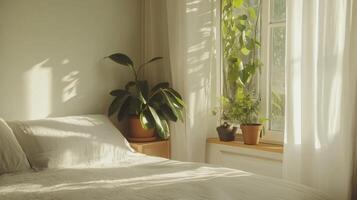 Bright and serene bedroom with plants by the window creating a peaceful atmosphere during the morning light photo