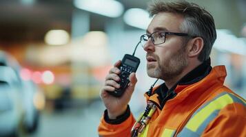 Safety officer communicates with team in busy airport environment during evening hours photo