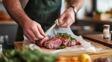 Chef prepares fresh meat with herbs in a modern kitchen during daylight hours photo
