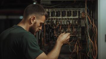 Technician working on electrical panel wiring at a facility during evening hours photo