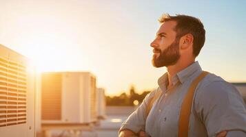 Man in a button-up shirt reflects thoughtfully while standing near air conditioning units during sunset photo