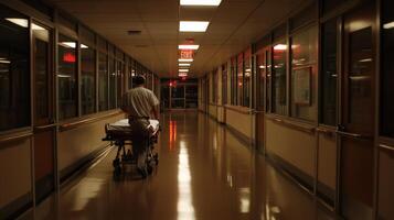 Nurse pushing a stretcher through an empty hospital corridor during nighttime photo