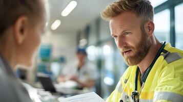 Medical professional engages in detailed discussion with patient in a healthcare setting during daytime, emphasizing communication and care photo