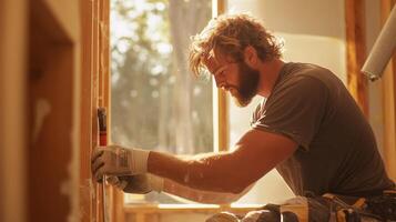 Skilled carpenter working diligently on window frame during golden hour at construction site photo