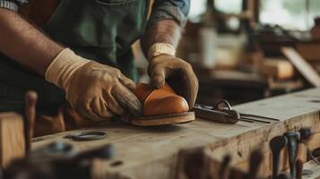Craftsman meticulously restoring a leather shoe in a rustic workshop during the afternoon photo