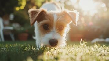 Playful dog exploring a sunny garden filled with vibrant greenery and warm light during golden hour photo