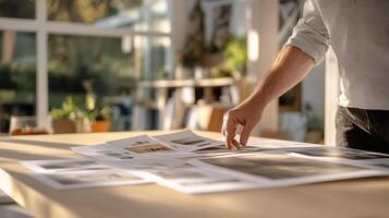 Individual reviewing printed photographs on a wooden table in a well-lit workspace during the day photo