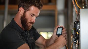 Skilled technician working on electrical equipment while consulting a digital monitor at a service site photo