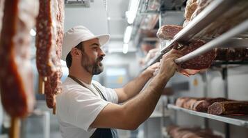 Butcher organizing fresh meat cuts in a modern cold storage facility during daylight hours photo
