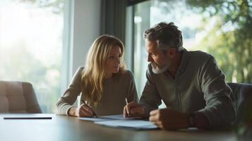 Discussion between a man and a woman in a modern office setting, focused on documents and ideas during daytime photo