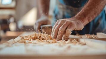Craftsman shaping wood with precision in a workshop filled with sawdust and creative energy photo