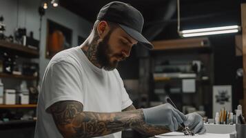 Tattoo artist creating intricate designs in a modern studio during an afternoon session photo