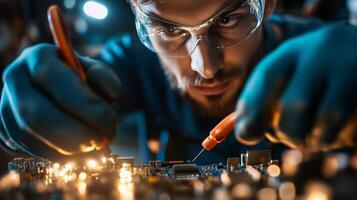 Technician repairs electronic circuits with precision in a dimly lit workshop during the evening photo