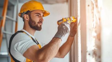 Man using a power drill to work on the interior of a building during renovation photo