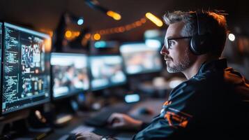 Person engaged in coding and programming in a dimly lit environment with multiple screens displaying data at night photo