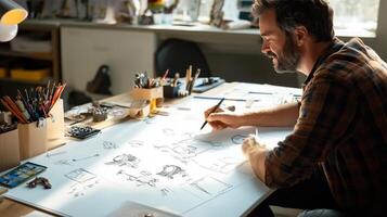 Artist creating sketches in a bright studio with various art supplies in the afternoon light photo