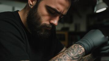 Tattoo artist focused on intricate design in a dimly lit studio at night photo