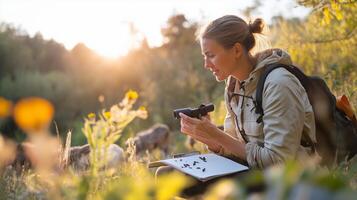Nature enthusiast observes insects in a sunlit meadow during late afternoon in a tranquil outdoor setting photo