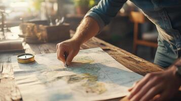 Exploring journey plans through map exploration in a cozy workspace during daylight photo
