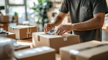 Man attaching a shipping label with QR code on cardboard box in busy distribution warehouse photo