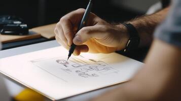 Creative process unfolds as artist sketches ideas during bright afternoon in a cozy studio photo