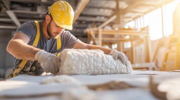 Construction worker installs insulation in a building during golden hour with warm light streaming in photo