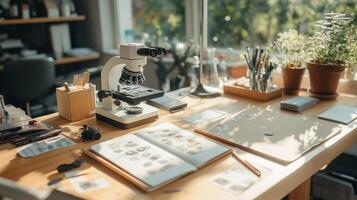 Microscope placed on a desk surrounded by research materials in a bright workspace photo