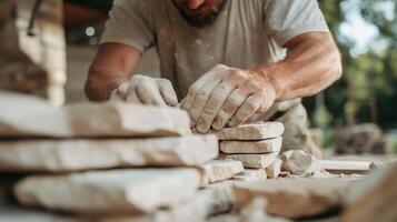 Skilled artisan shaping stone blocks during daylight in a quiet outdoor workshop near lush greenery photo