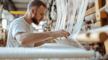 Weaving artist focuses on intricate textile creation in a busy workshop environment photo