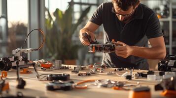Man working on assembling electronic components in a well-lit workshop with tools and equipment on the table photo
