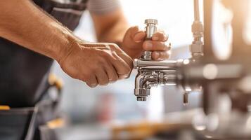 Skilled plumber repairing a faucet with precision in a well-lit workshop photo