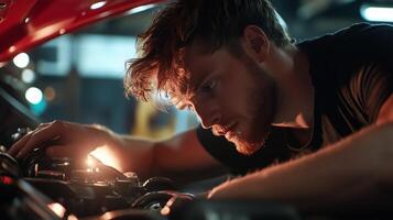 Young man repairs car engine in workshop during evening hours while focused on details of the task photo